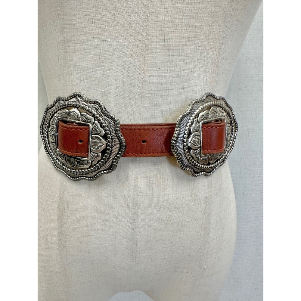 Accessory Lady Brown Leather Silver Concho Buckle Belt Size Small Vintage